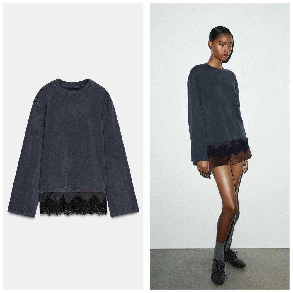 NWT ZARA Combination T-Shirt With Black Lace Size Large Long Sleeve 1165/877